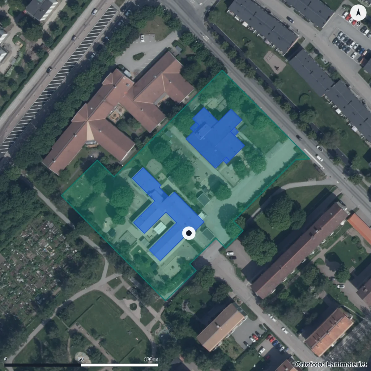 Flygbild över Höganäs Förskola, ortofoto från Lantmäteriet