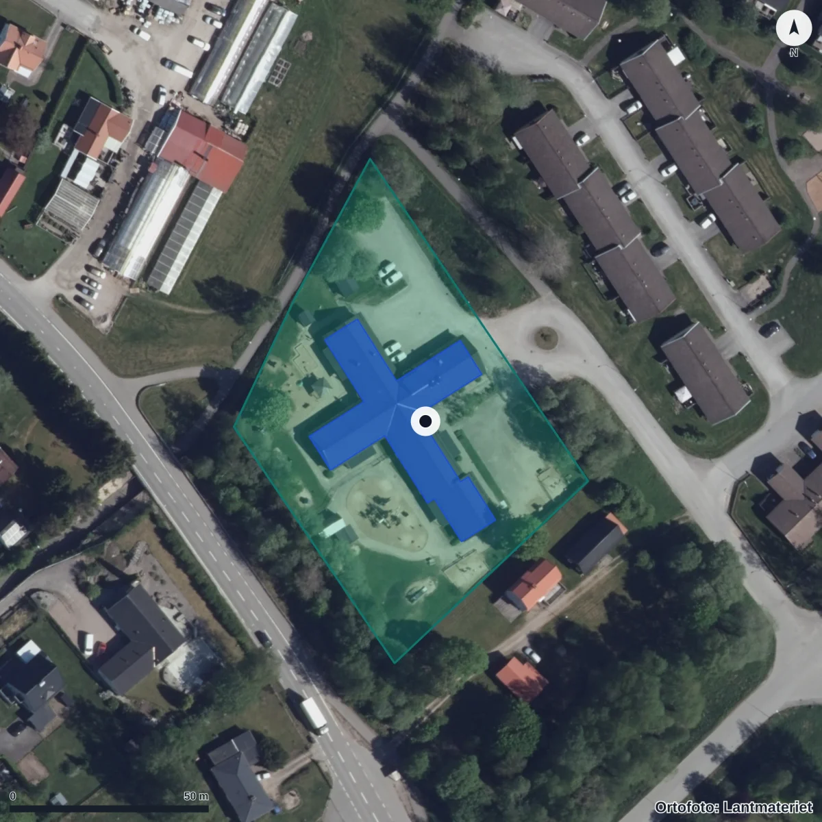 Flygbild över Torsgårdens Förskola, ortofoto från Lantmäteriet