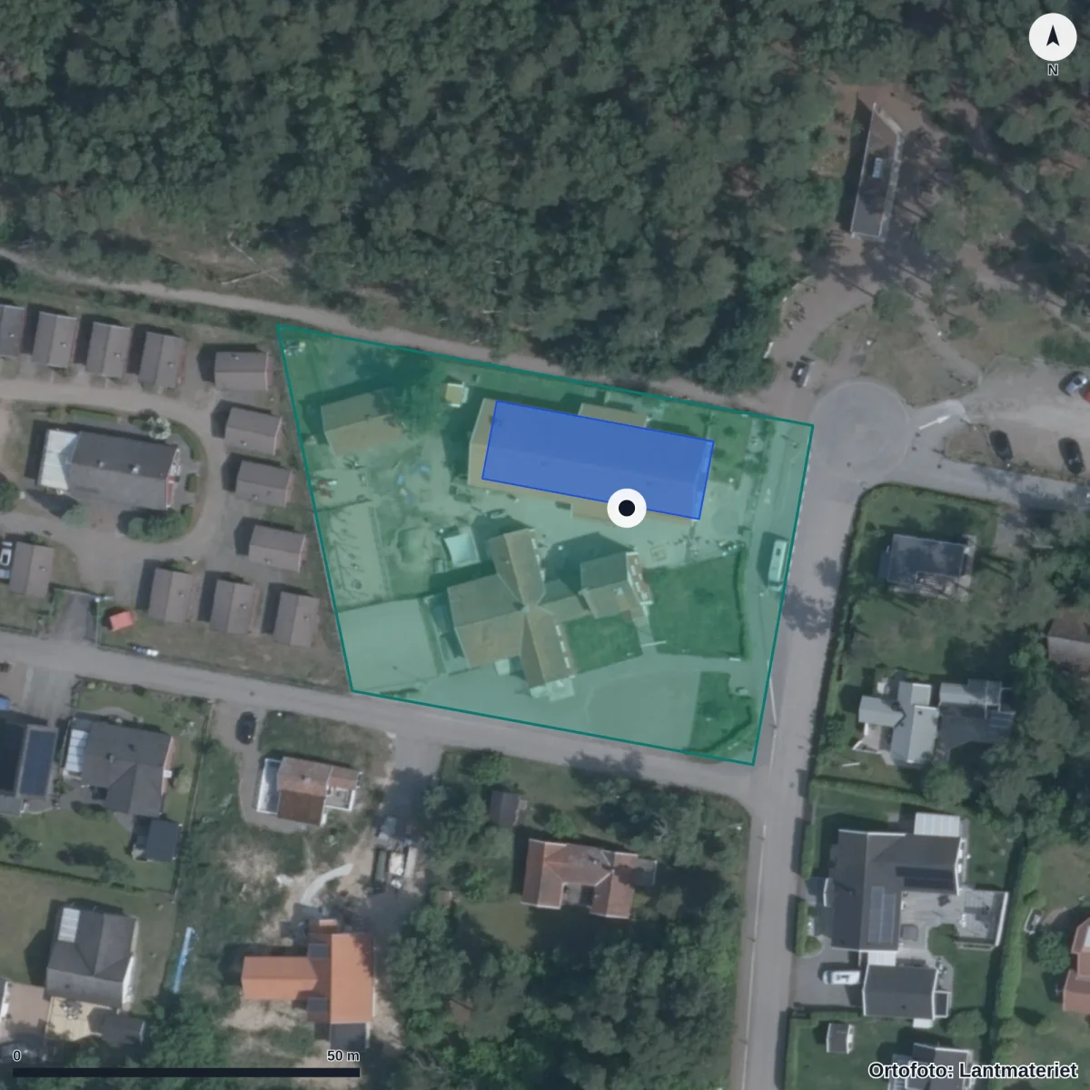 Flygbild över Nyckelpigans Förskola, ortofoto från Lantmäteriet