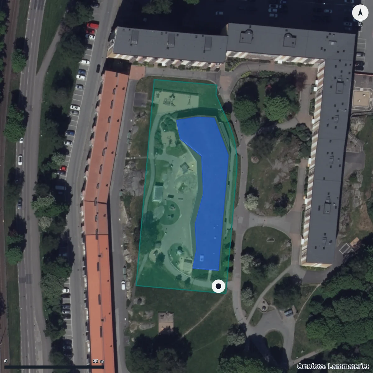 Flygbild över Väderbodarna 1b Förskola, ortofoto från Lantmäteriet