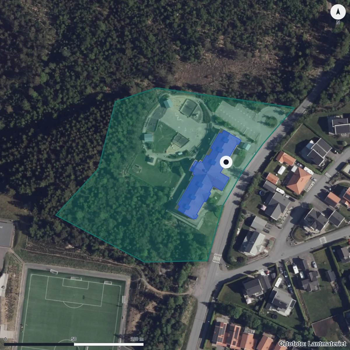 Flygbild över Mystens Förskola, ortofoto från Lantmäteriet