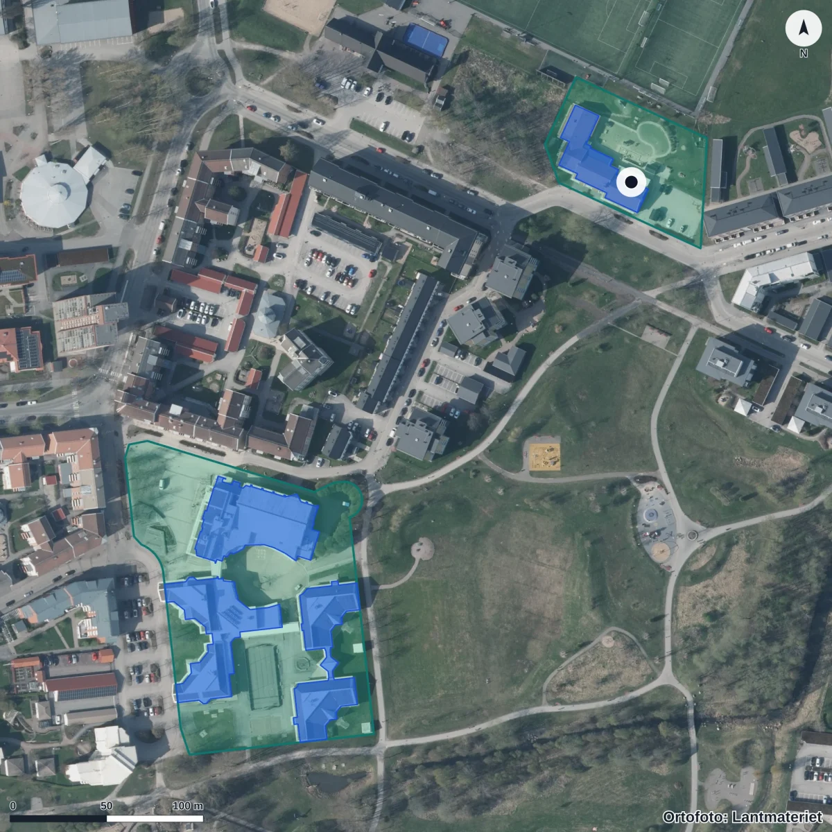 Flygbild över Ekängens Förskola, ortofoto från Lantmäteriet