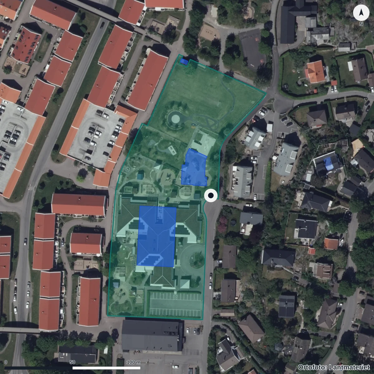 Flygbild över Lilla Skintebovägen 8 Förskola, ortofoto från Lantmäteriet