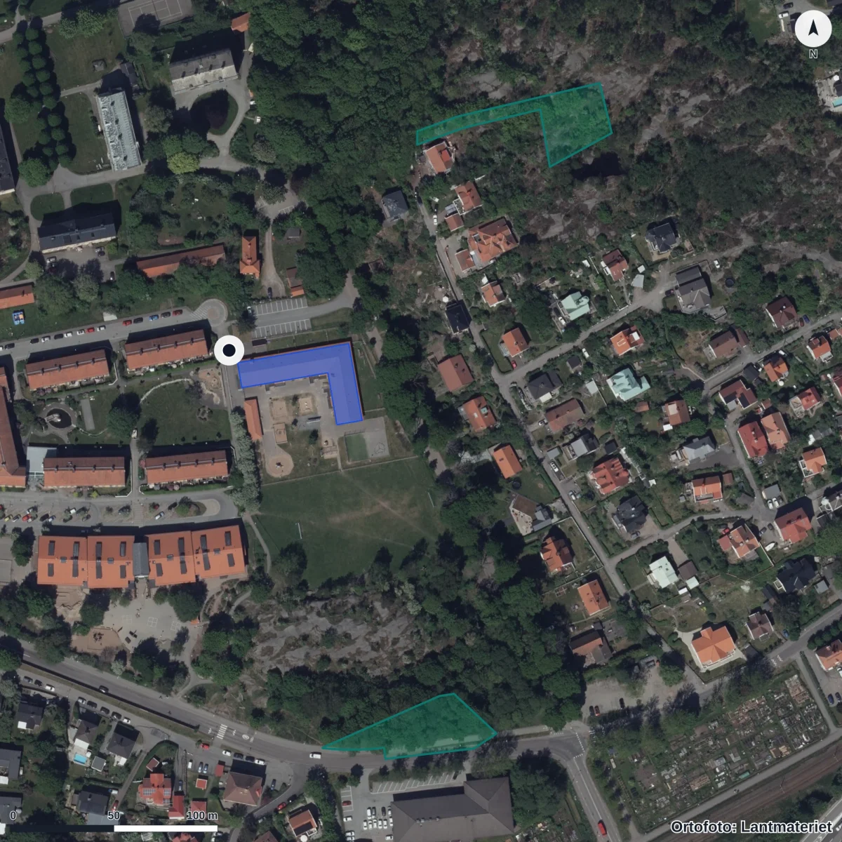 Flygbild över Stjärnbåtsgatan 7 Förskola, ortofoto från Lantmäteriet