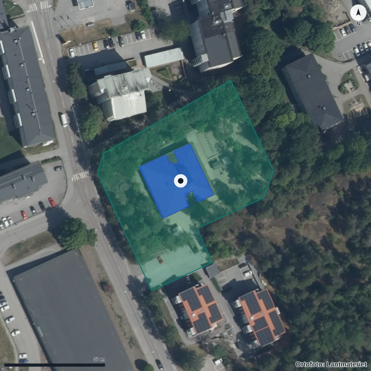 Flygbild över Gullpudrans Förskola, ortofoto från Lantmäteriet