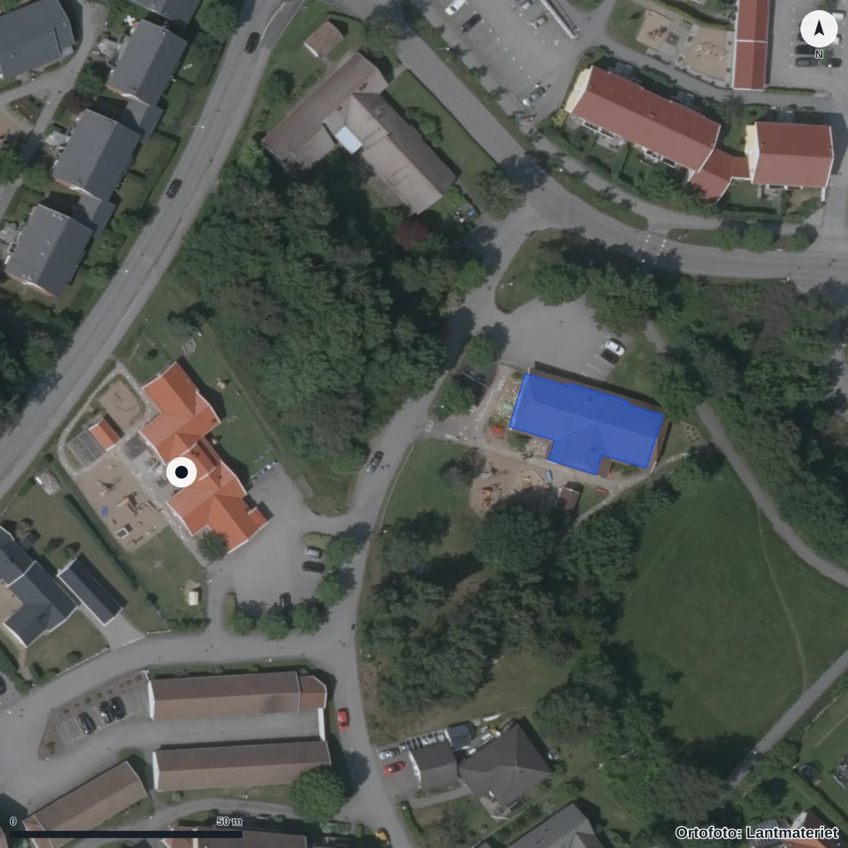 Flygbild över Ramlyckans Förskola, ortofoto från Lantmäteriet