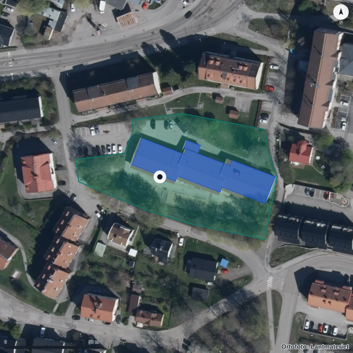 Flygbild över Fågelgränds Förskola, ortofoto från Lantmäteriet