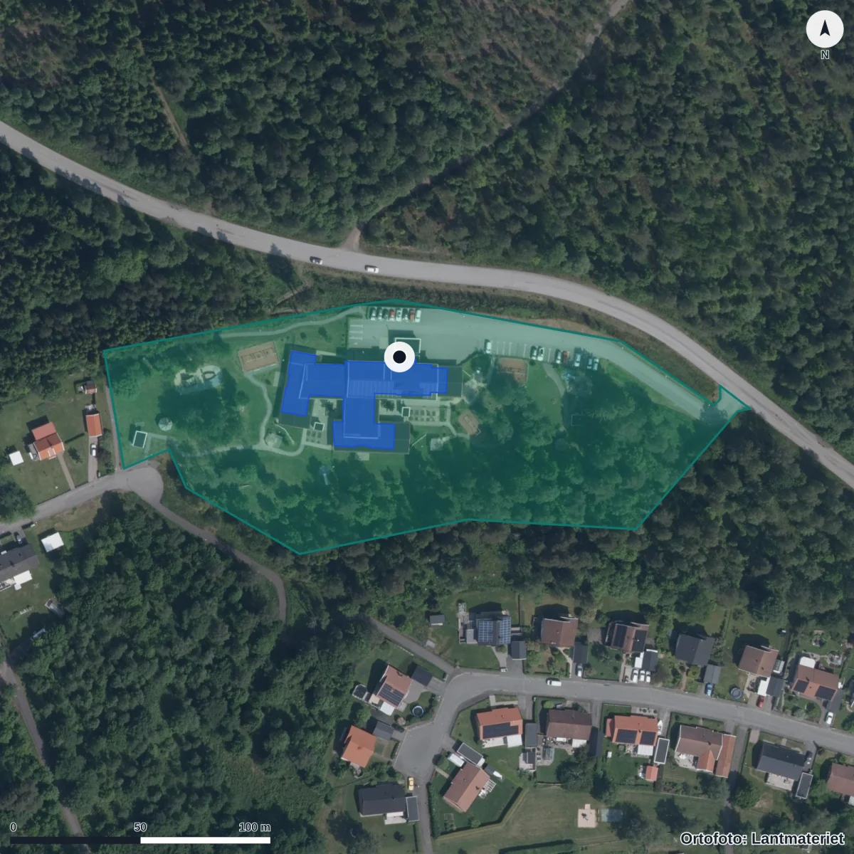 Flygbild över Skogsgläntans Förskola, ortofoto från Lantmäteriet
