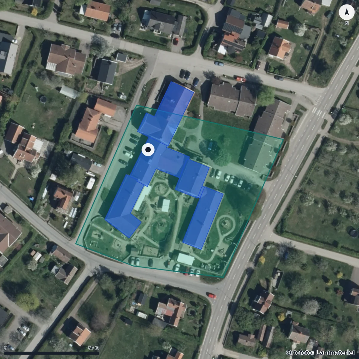 Flygbild över Förskolan Växthuset, ortofoto från Lantmäteriet