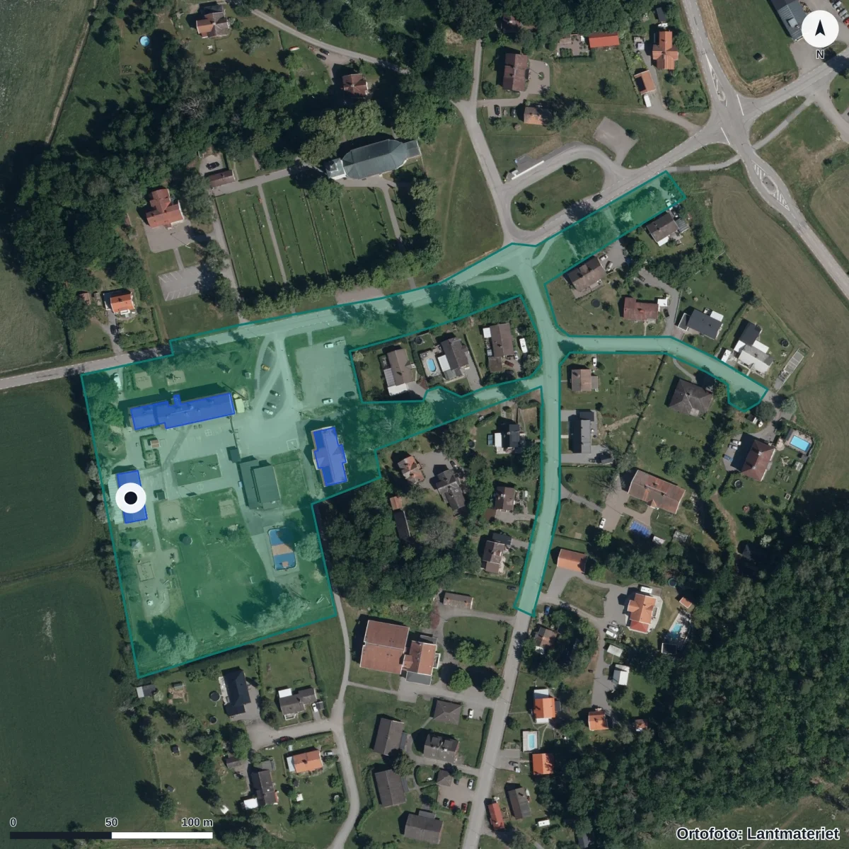 Flygbild över Björsäters Förskola, ortofoto från Lantmäteriet