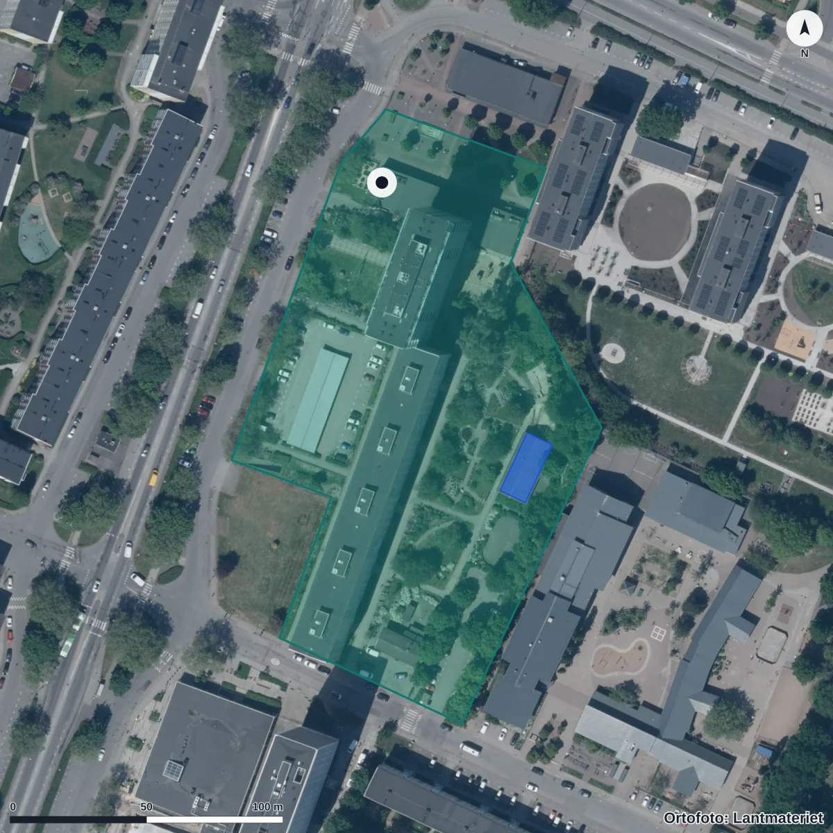 Flygbild över Sagoskeppets Förskola, ortofoto från Lantmäteriet