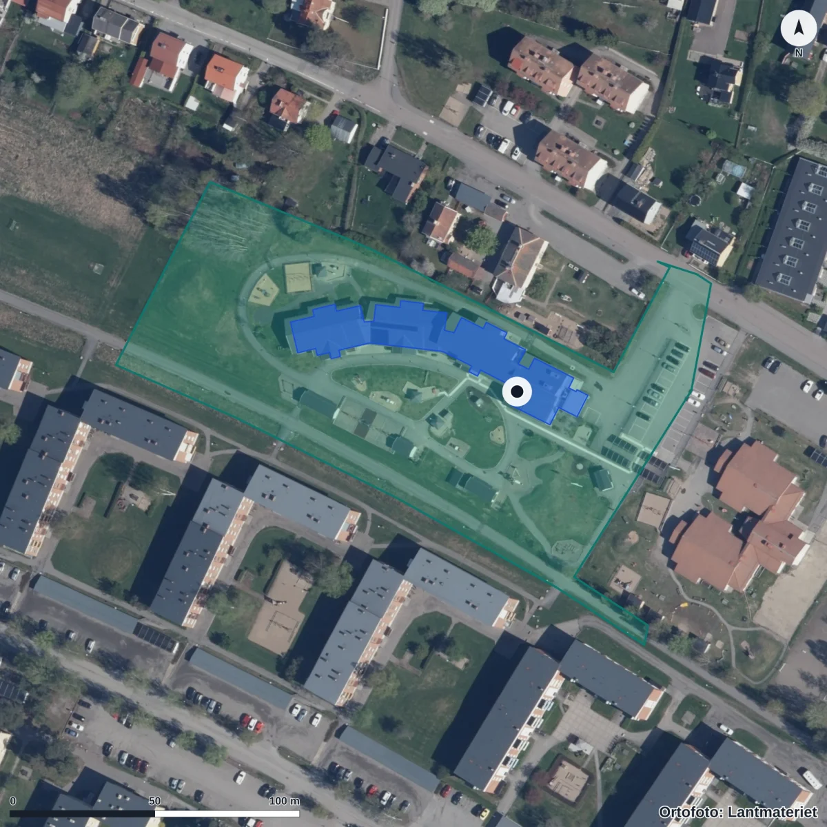 Flygbild över Hobergets Förskola, ortofoto från Lantmäteriet