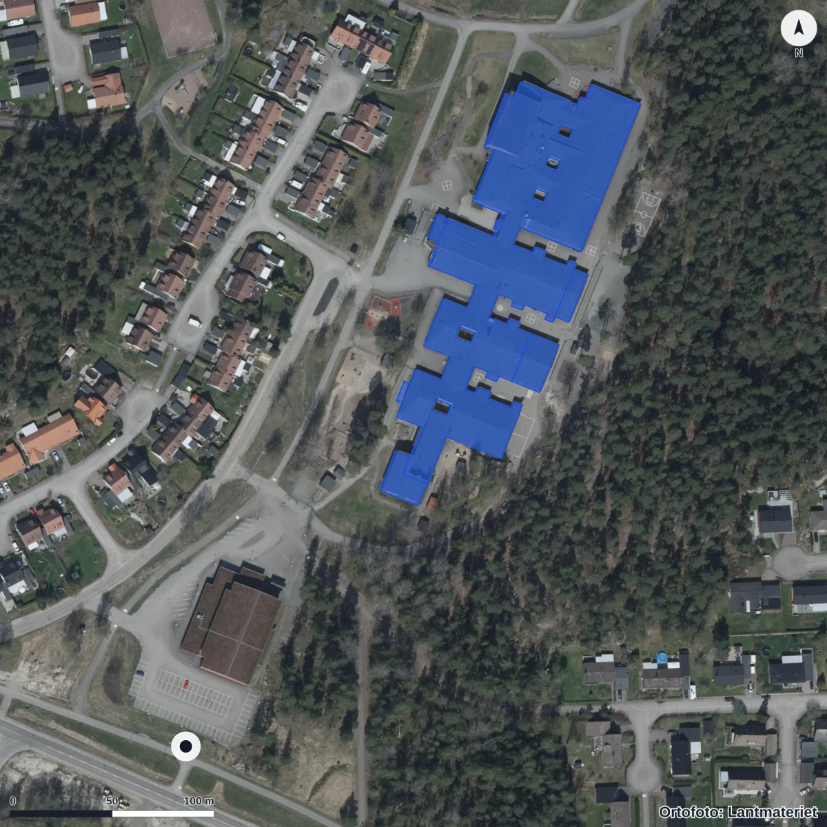 Flygbild över Hultsbergs Förskola, ortofoto från Lantmäteriet