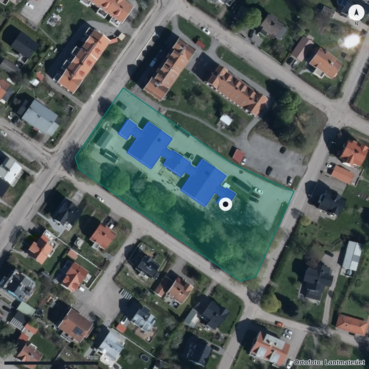 Flygbild över Kronans Förskola, ortofoto från Lantmäteriet
