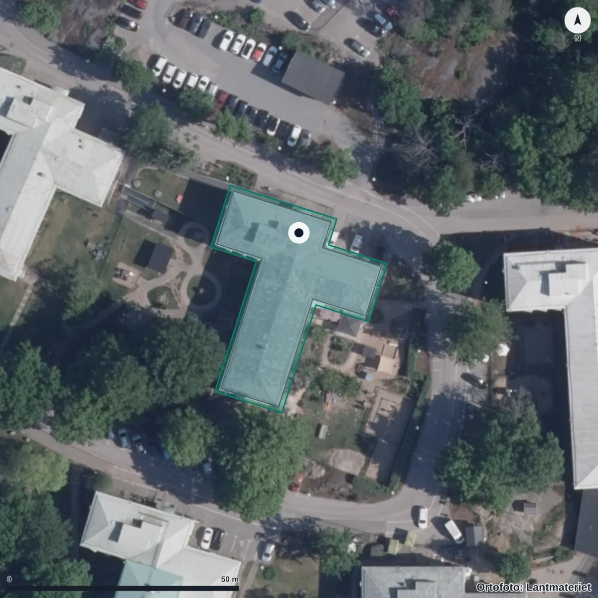 Flygbild över Gullberna Förskola, ortofoto från Lantmäteriet