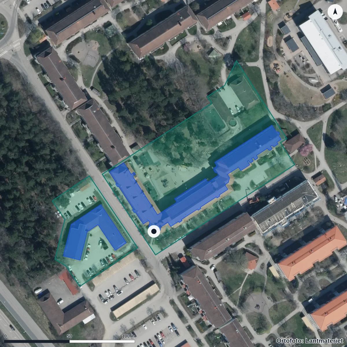 Flygbild över Pilträdets Förskola, ortofoto från Lantmäteriet