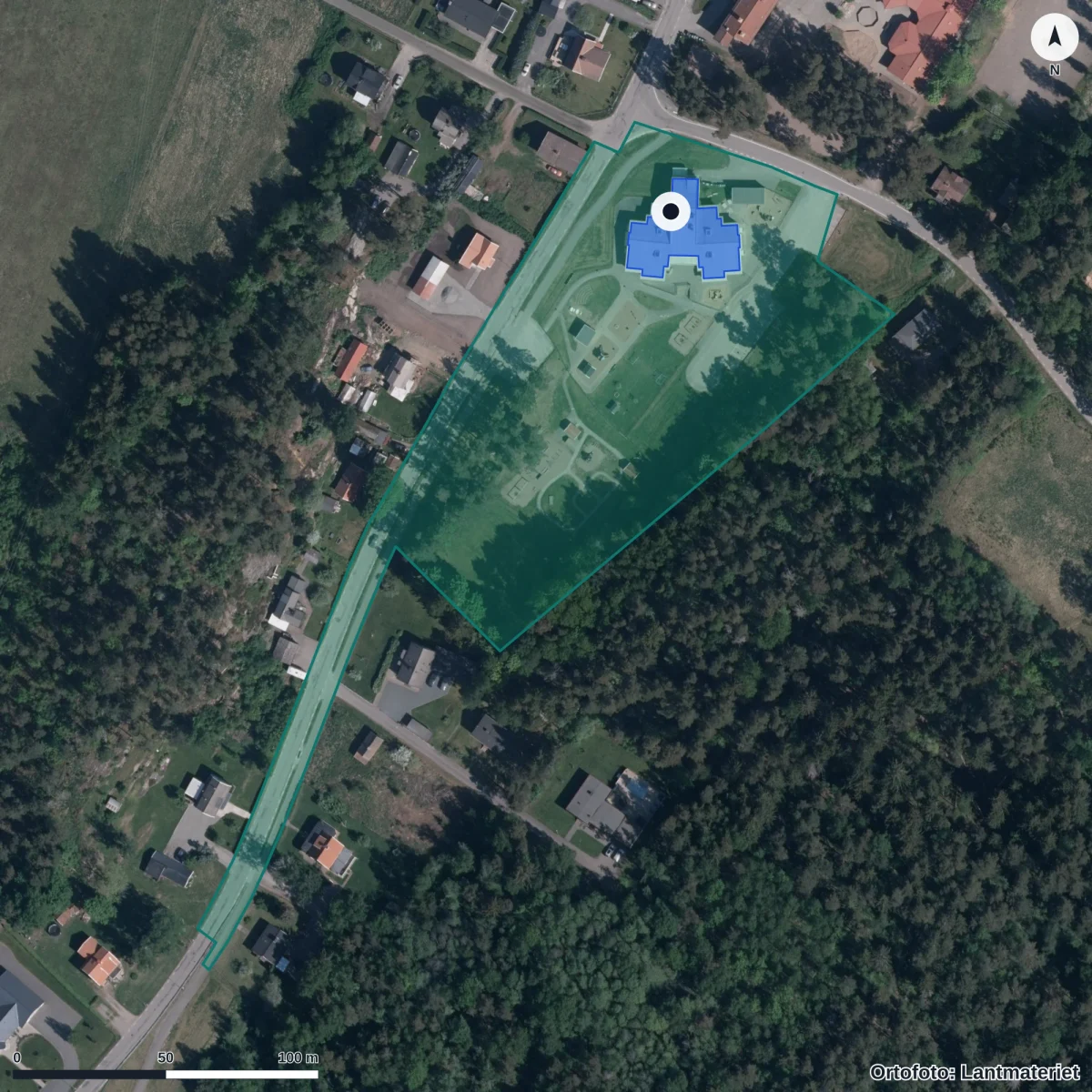 Flygbild över Östra Förskolan, ortofoto från Lantmäteriet