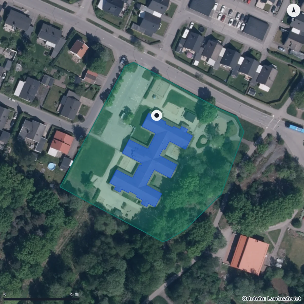 Flygbild över Simsnäppans Förskola, ortofoto från Lantmäteriet