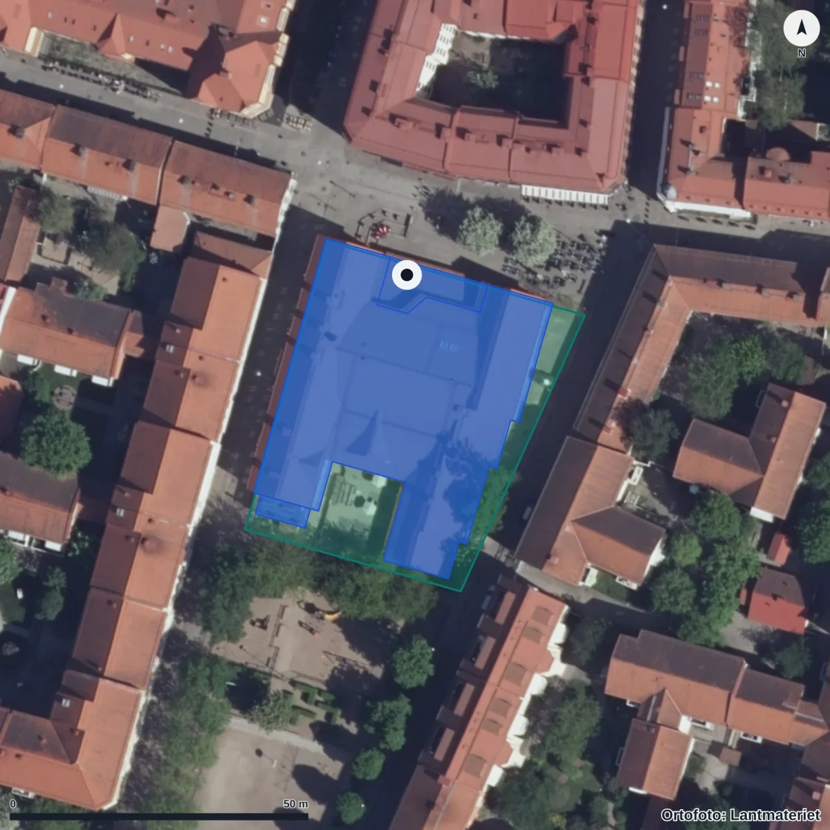 Flygbild över Haga Nygata 17 Förskola, ortofoto från Lantmäteriet