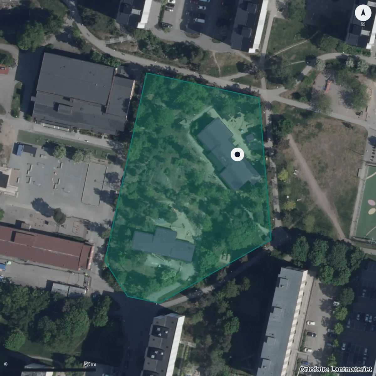 Flygbild över Förskolan Concordiavägen 29, ortofoto från Lantmäteriet