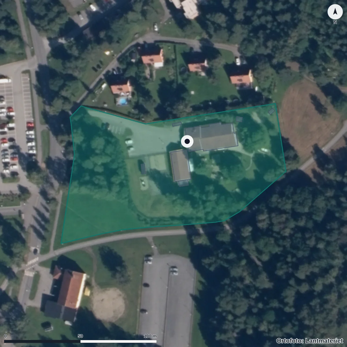 Flygbild över Frösödals Förskola, ortofoto från Lantmäteriet