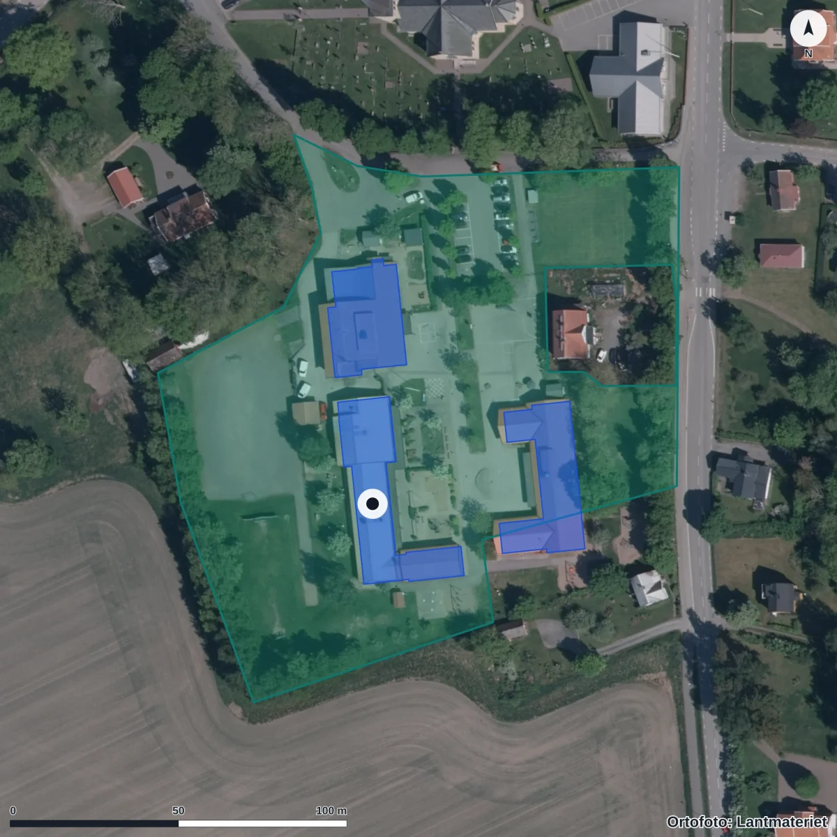 Flygbild över Saleby Förskola, ortofoto från Lantmäteriet