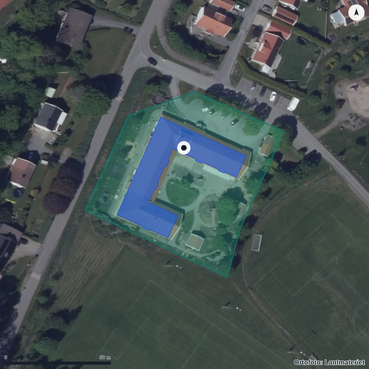 Flygbild över Björkängens Förskola, ortofoto från Lantmäteriet