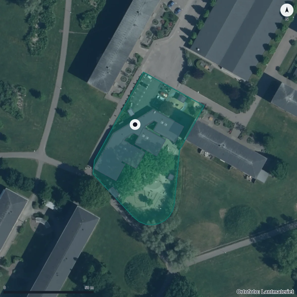 Flygbild över Västra Berga Förskola, ortofoto från Lantmäteriet