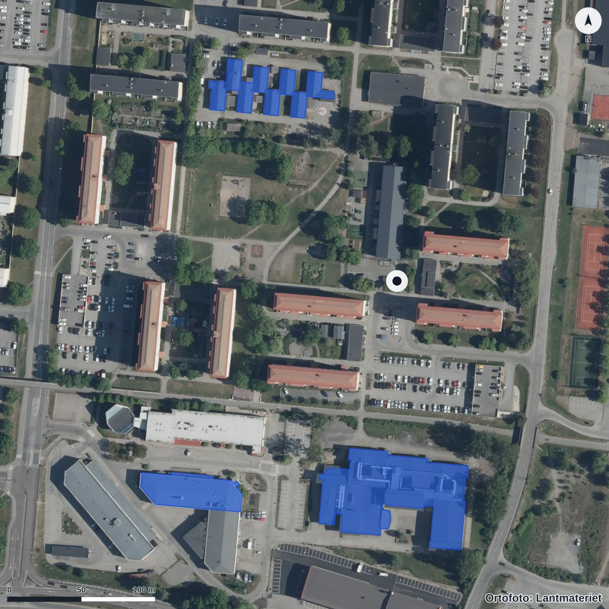 Flygbild över Förskolan Vitsippan, ortofoto från Lantmäteriet