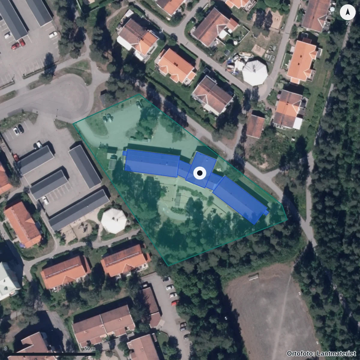 Flygbild över Förskolan Prosten, ortofoto från Lantmäteriet