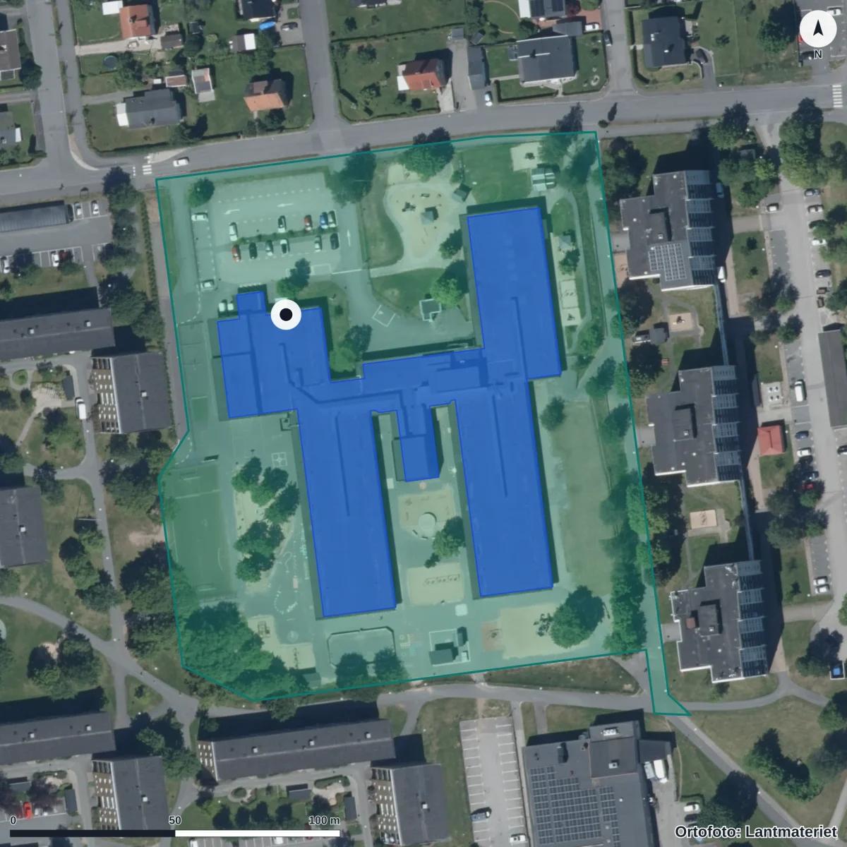 Flygbild över Mossle Förskola, ortofoto från Lantmäteriet