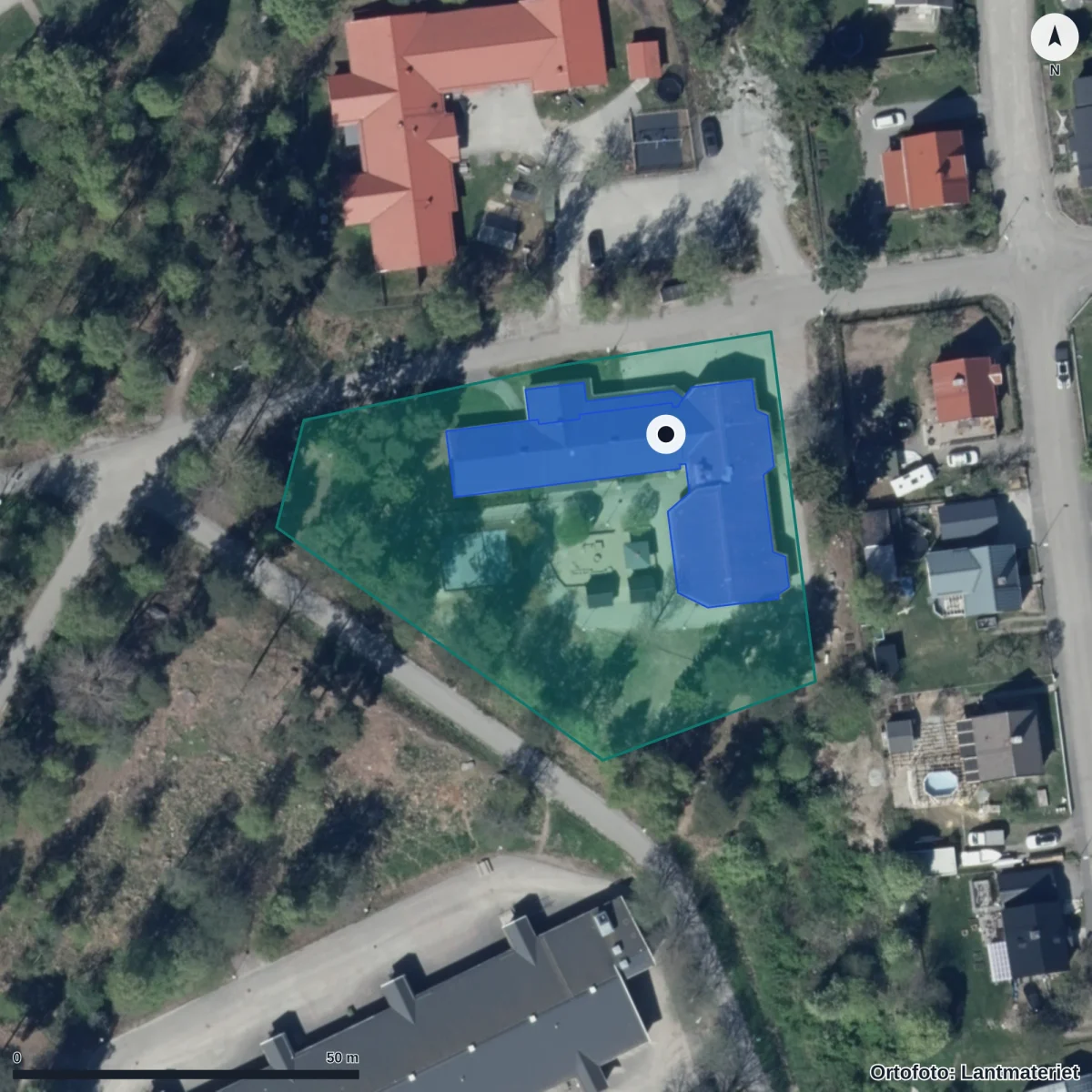 Flygbild över Fridhems Förskola, ortofoto från Lantmäteriet