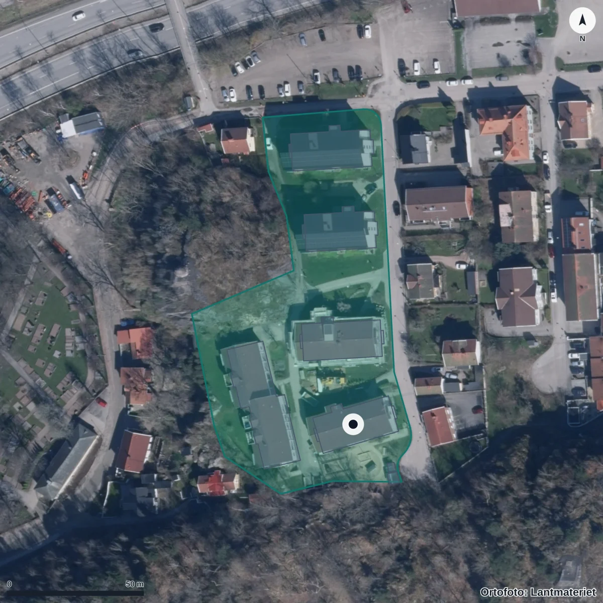 Flygbild över Lane Ryrs Förskola, ortofoto från Lantmäteriet