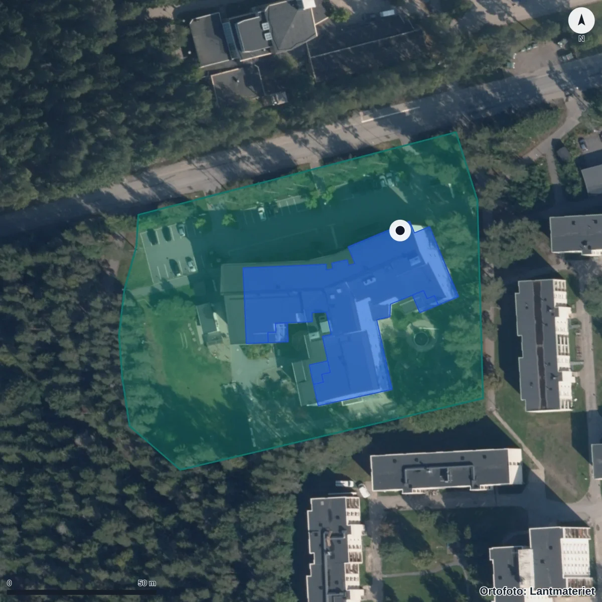 Flygbild över Förskolan Nordstjärnan, ortofoto från Lantmäteriet
