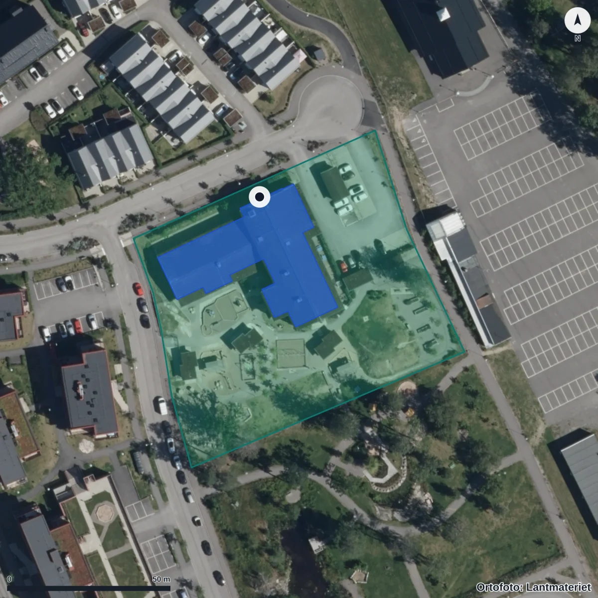 Flygbild över Borgens Förskola, ortofoto från Lantmäteriet