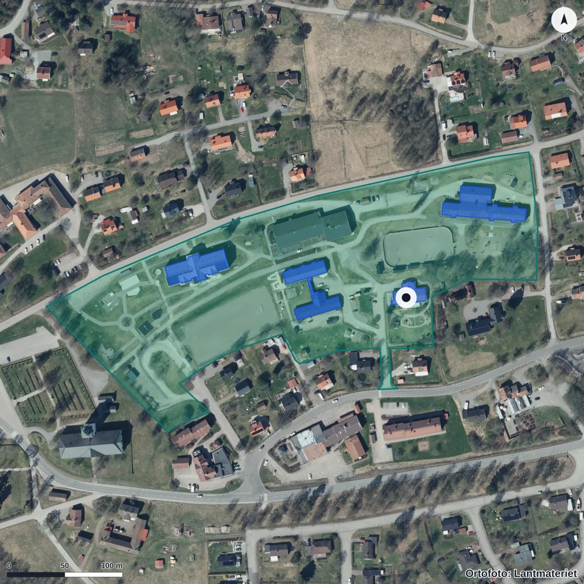 Flygbild över Förskolan Postgränd, ortofoto från Lantmäteriet