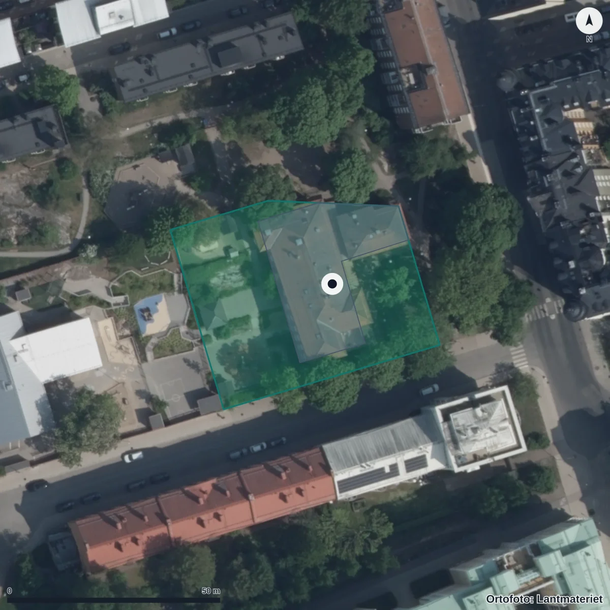Flygbild över Förskolan Timmermansgården, ortofoto från Lantmäteriet