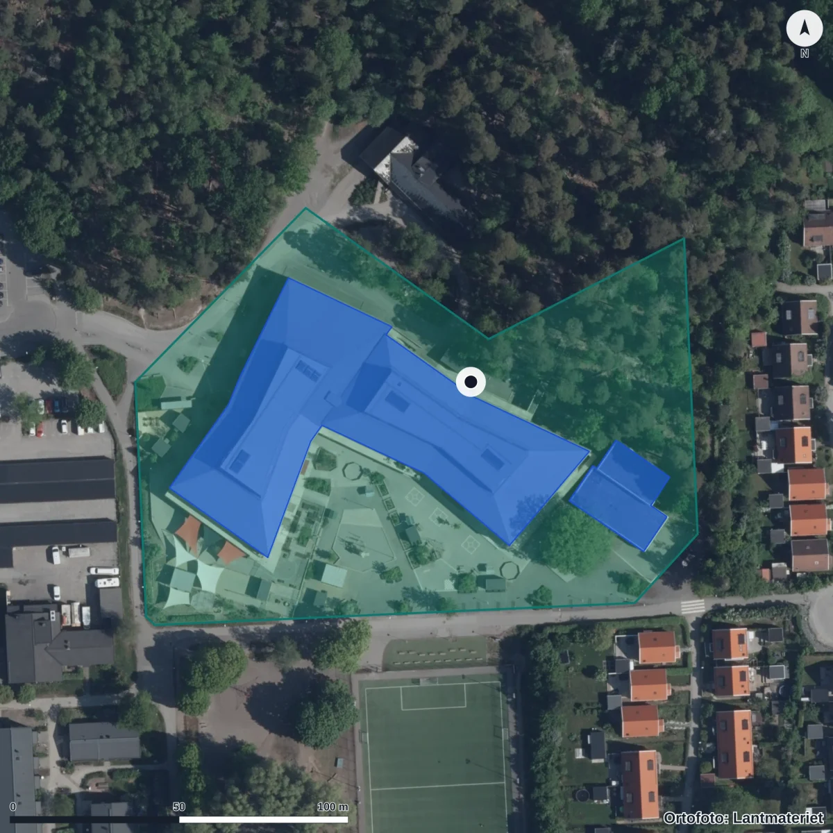 Flygbild över Tegelhagens Förskola, ortofoto från Lantmäteriet