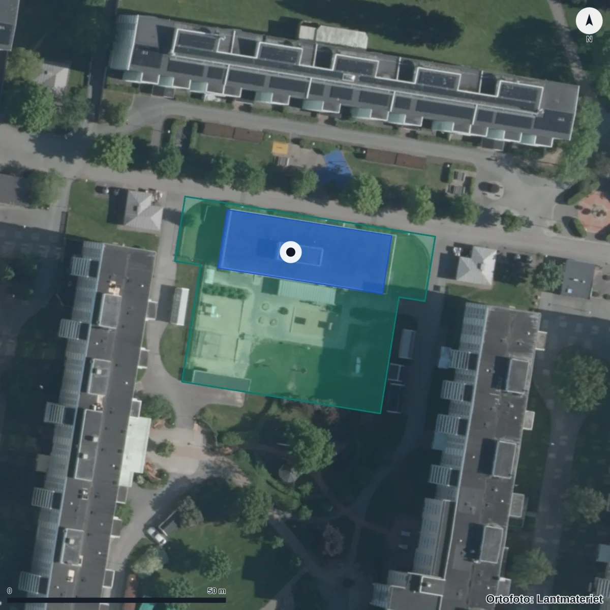Flygbild över Domherrens Förskola, ortofoto från Lantmäteriet