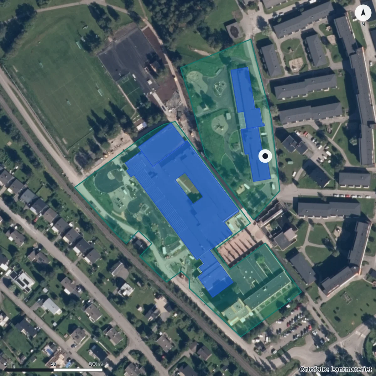 Flygbild över Sjöängens Förskola, ortofoto från Lantmäteriet