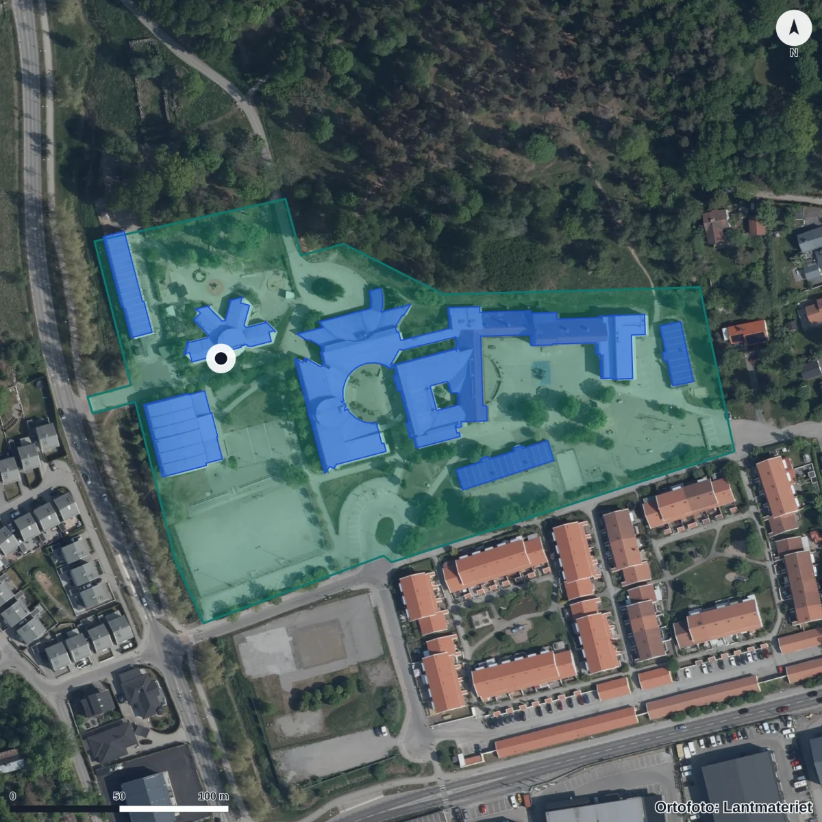 Flygbild över Vista Förskola, ortofoto från Lantmäteriet