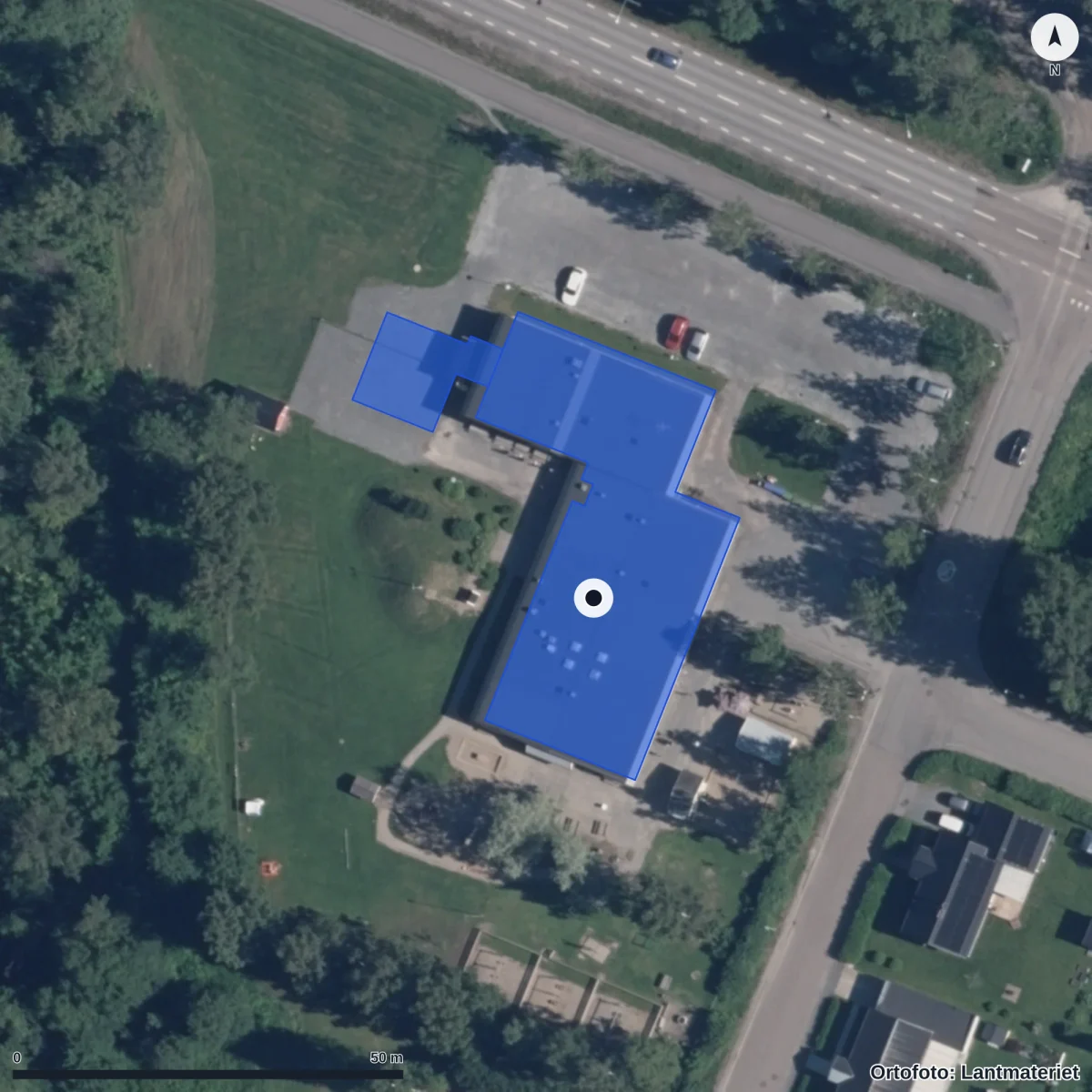 Flygbild över Skedoms Förskola, ortofoto från Lantmäteriet