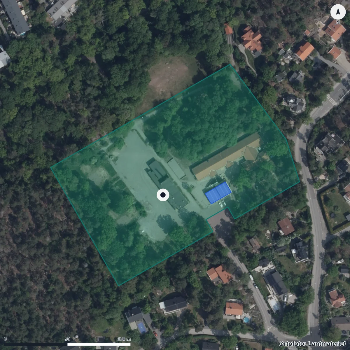 Flygbild över Utskogens Förskola, ortofoto från Lantmäteriet
