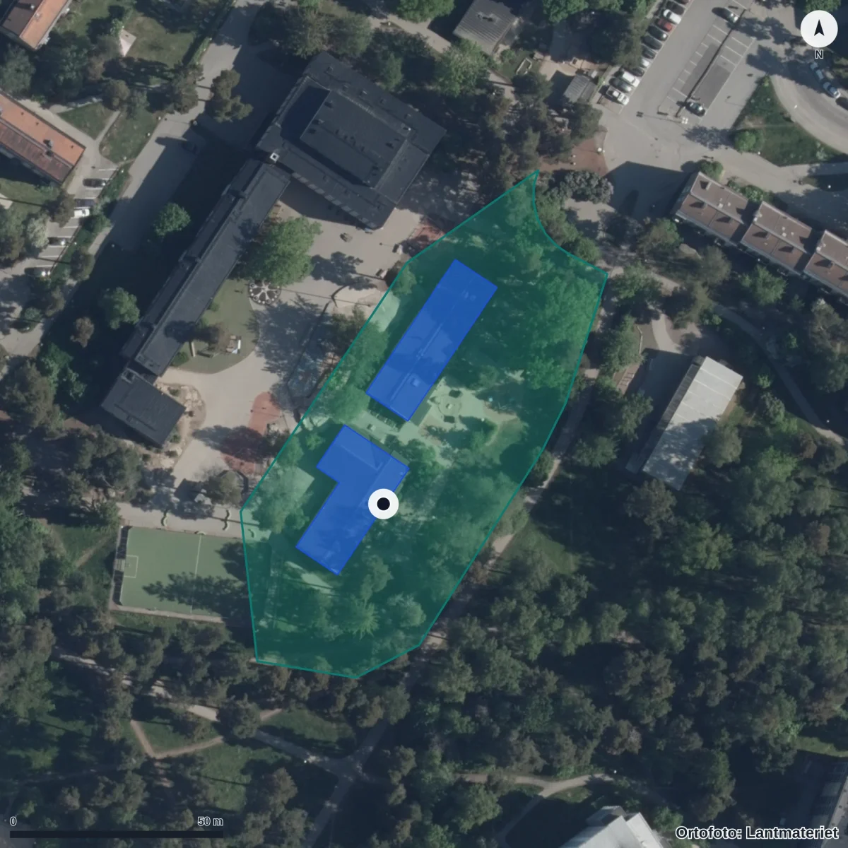 Flygbild över Förskolan Vinjegatan 31-33 -björnsonsgatan, ortofoto från Lantmäteriet