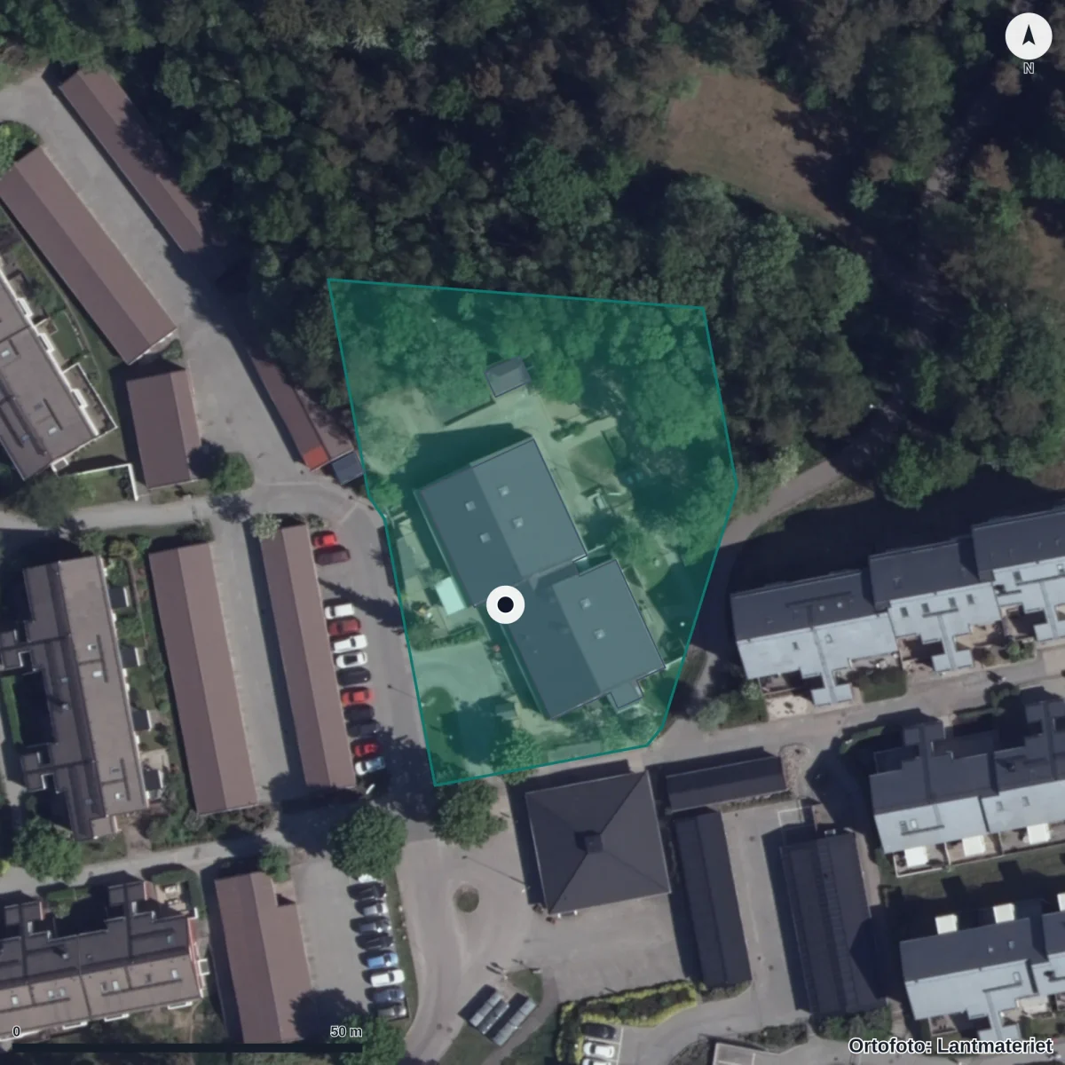Flygbild över Timmerslätts Förskola, ortofoto från Lantmäteriet