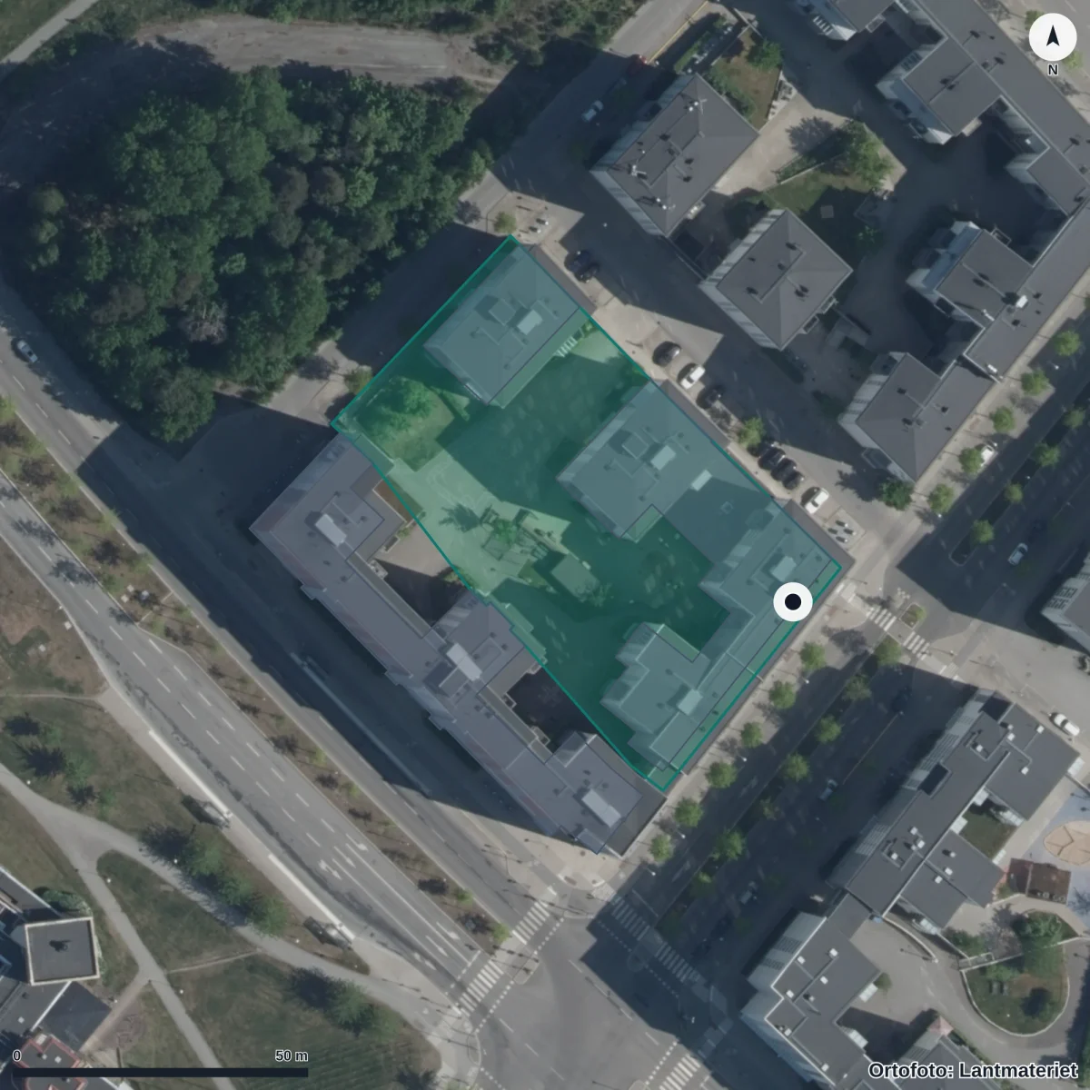 Flygbild över Förskolan Oddegården, ortofoto från Lantmäteriet
