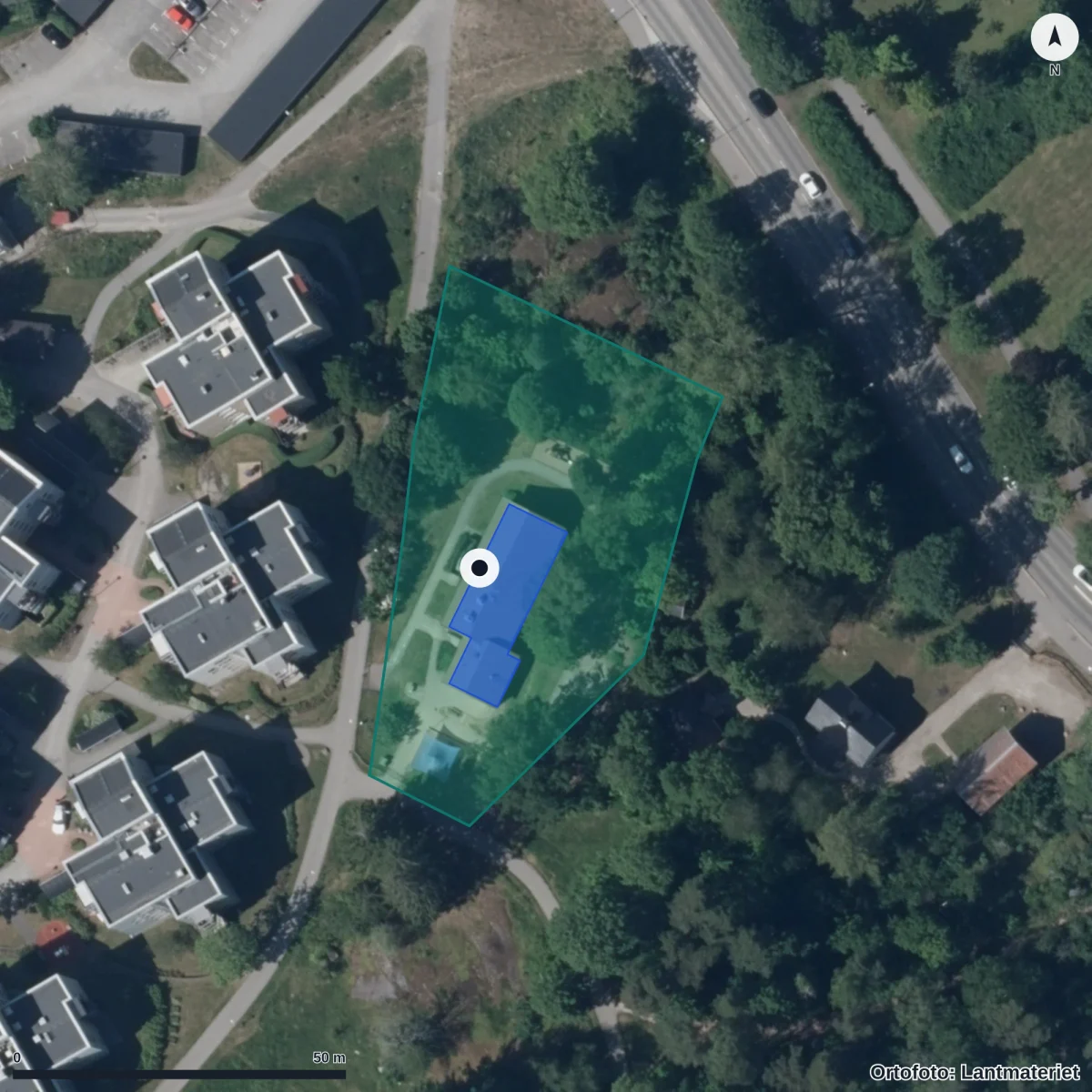 Flygbild över Föreningsgatan 19, ortofoto från Lantmäteriet