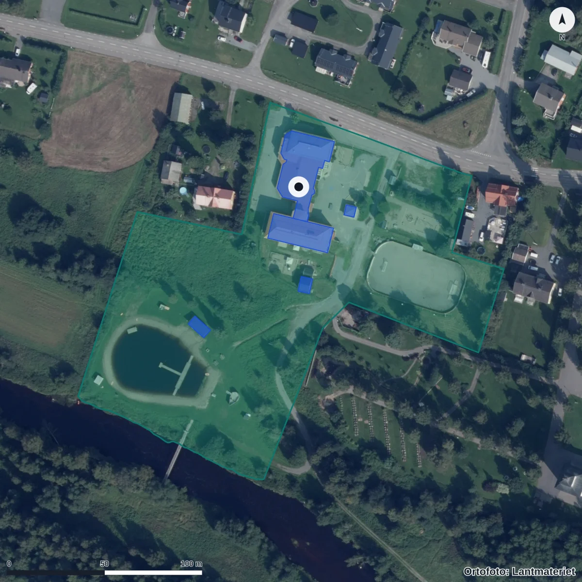 Flygbild över Kusmarks Förskola, ortofoto från Lantmäteriet