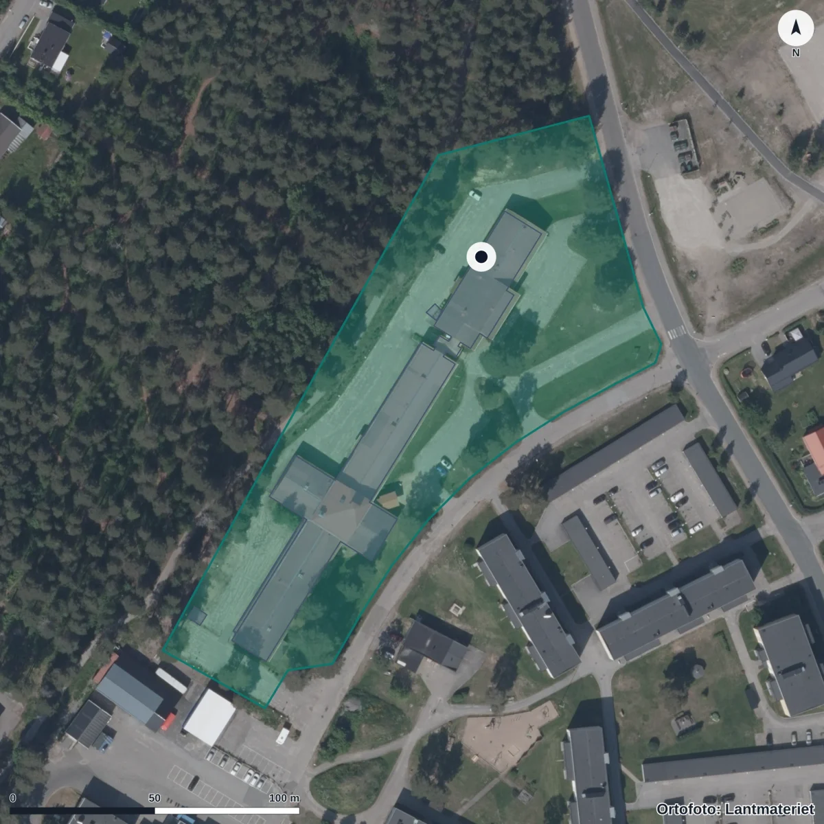 Flygbild över Palettens Förskola, ortofoto från Lantmäteriet