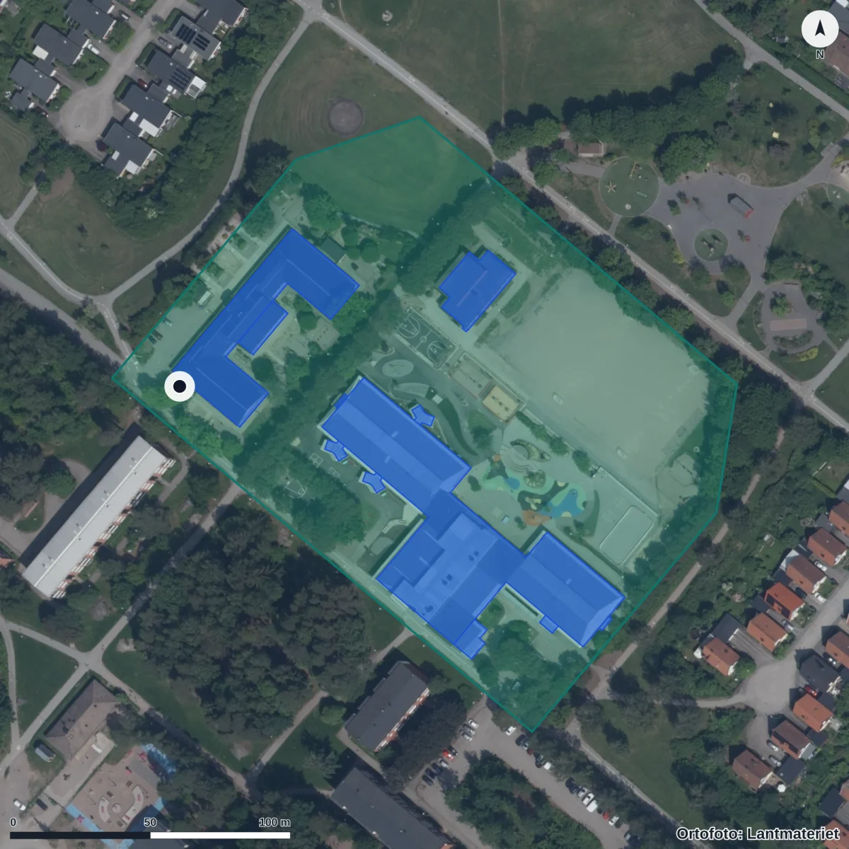 Flygbild över Spinnrockens Förskola, ortofoto från Lantmäteriet